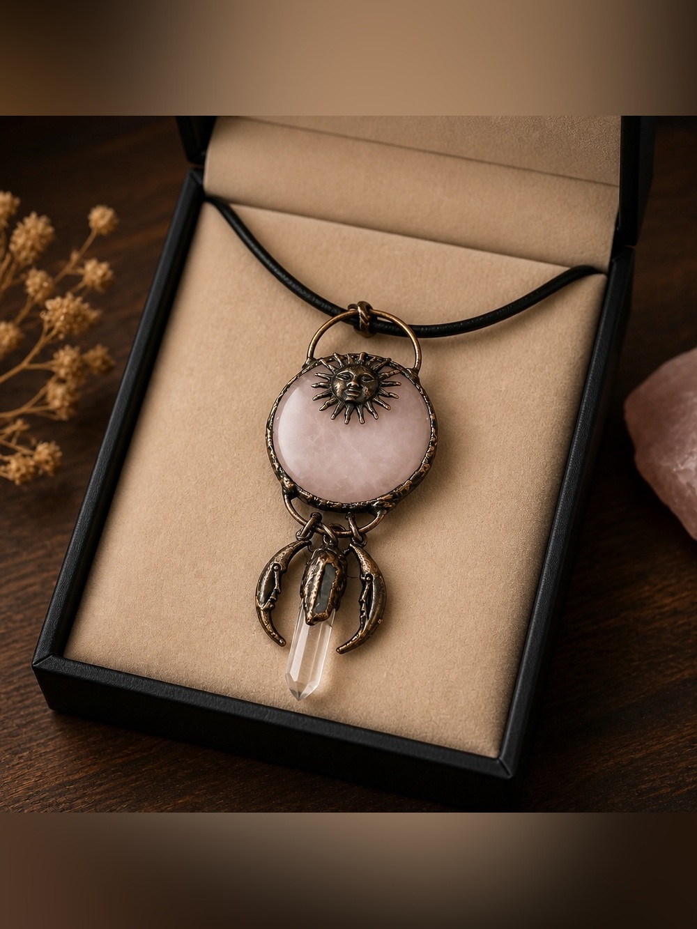 Rose Quartz Sun & Moon Crystal Pendant Necklace - Antique Bronze Finish